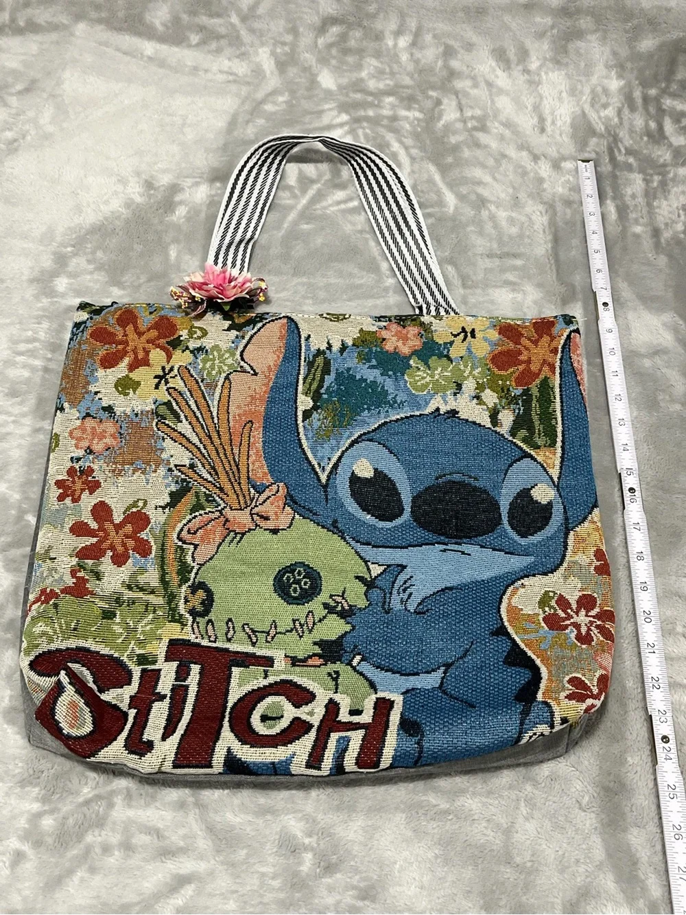 Disney Blue Stitch Floral Tote Bag with Striped Handles NWOT